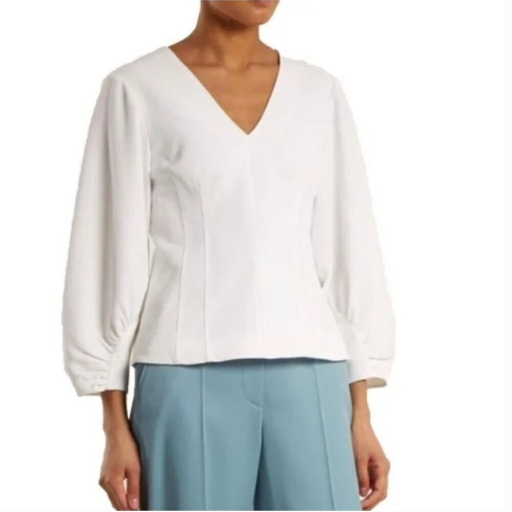 Tibi White V-Neck Back Zip Balloon Sleeve Blouse Sz 6